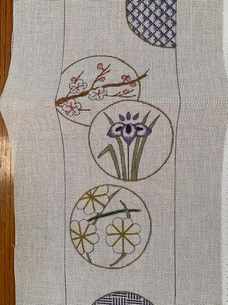 Stylized Floral Bell Pull Handpainted Needlepoint Canvas Peony Cherry Blossom