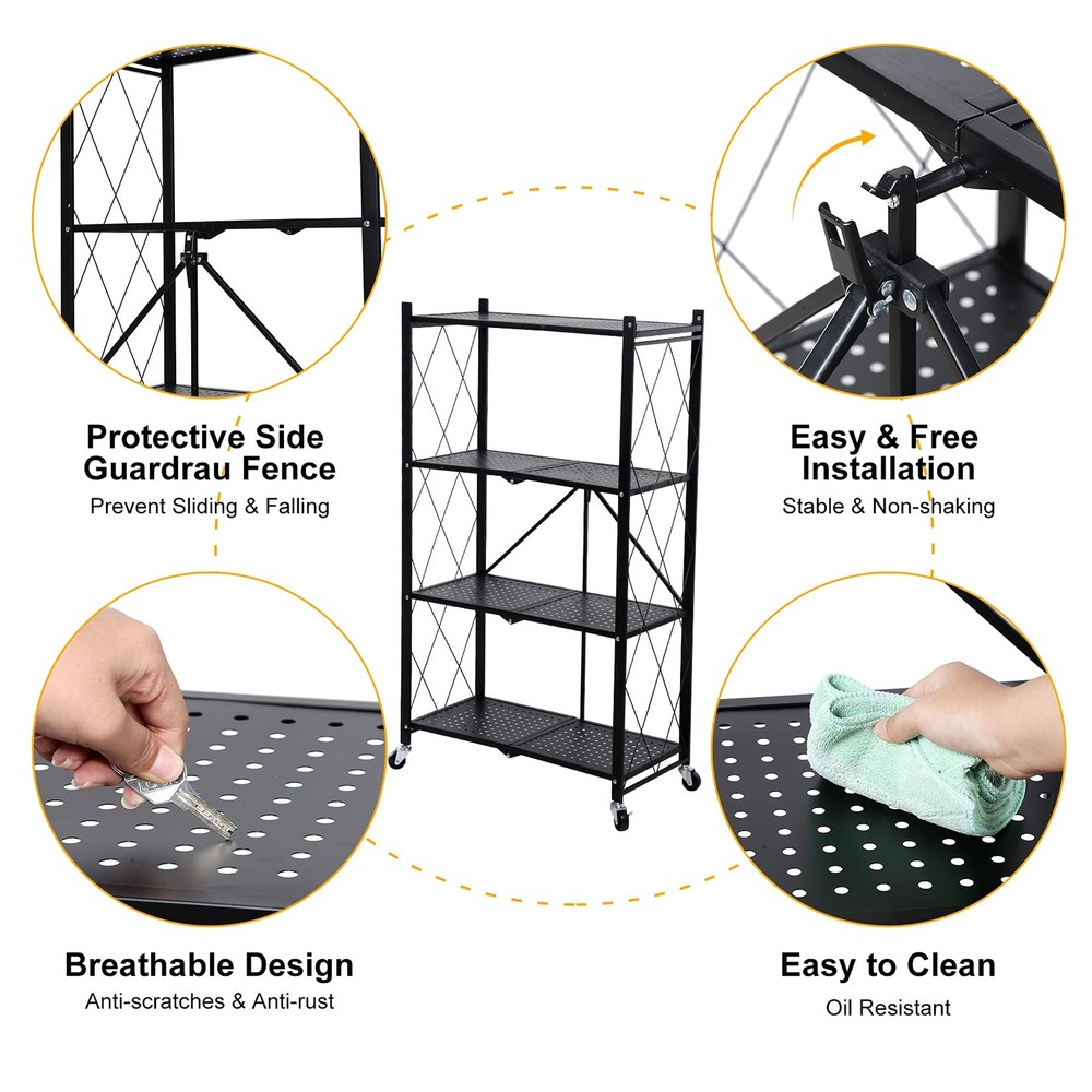 4-Tier Foldable Metal Rack Storage Shelving Unit with Wheels 2 Pack