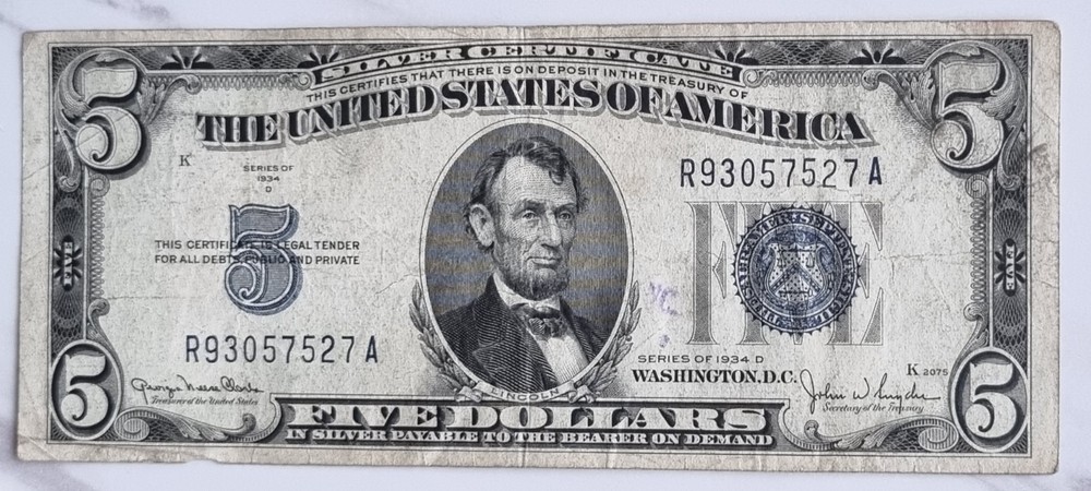 1934 D Five Dollar Silver Certificate $5 Bill Blue Seal Note Better Grade