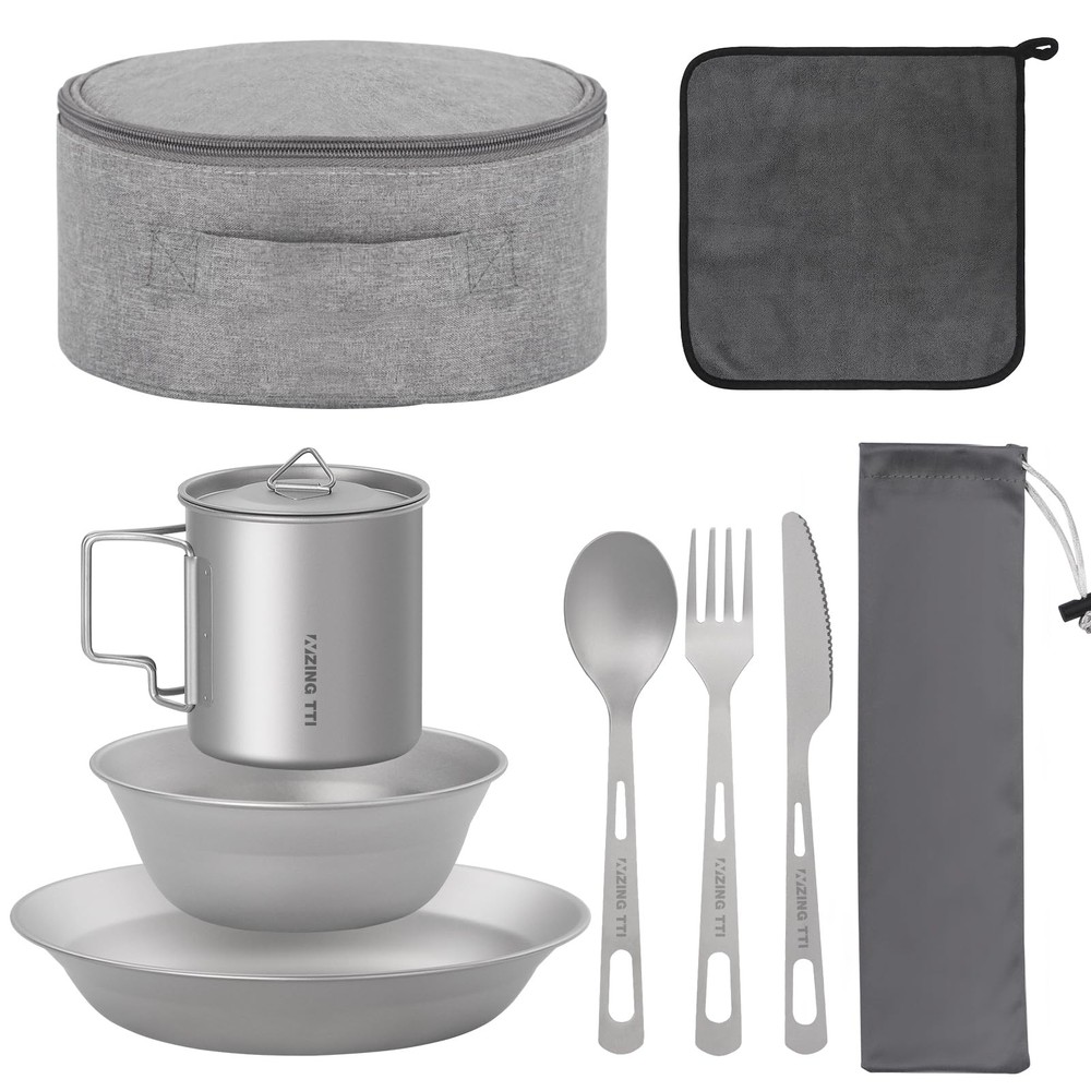 ZING TTI Titanium Tableware Set, 8-Piece Camping Dinnerware Kit, Titanium Bow...