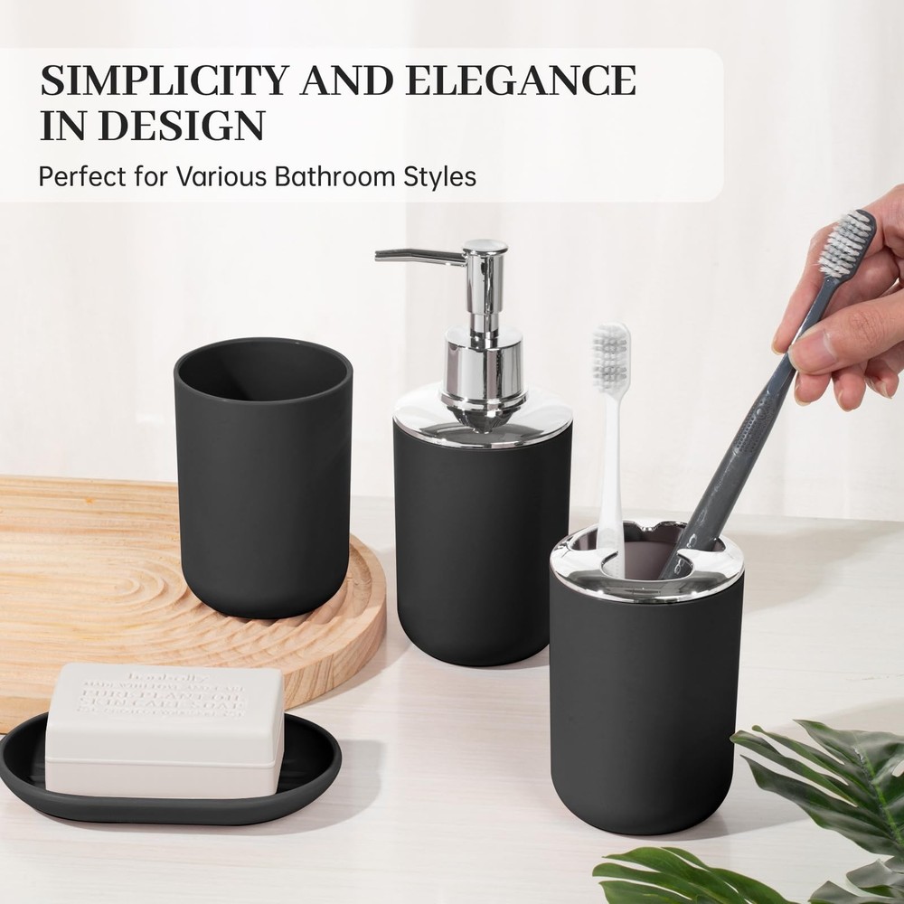 4 Piece Bathroom Accessory Set Black Modern Plastic