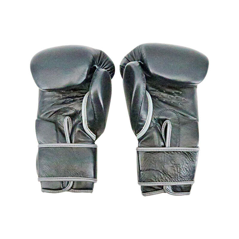 Black Leather Pair of Training Boxing Gloves - Hook & Loop Strap - 14 Oz