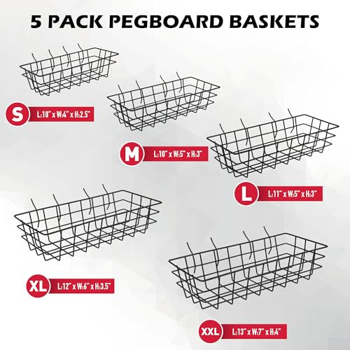 5-Piece Pegboard Baskets Set - Heavy Duty Peg Board Organizer Accessories Bin