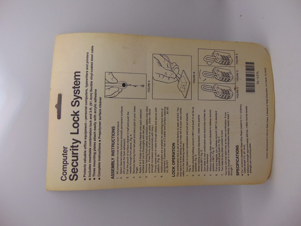 Vintage Tandy Computer Security lock System Radio Shack Pad Lock & Cable NOS
