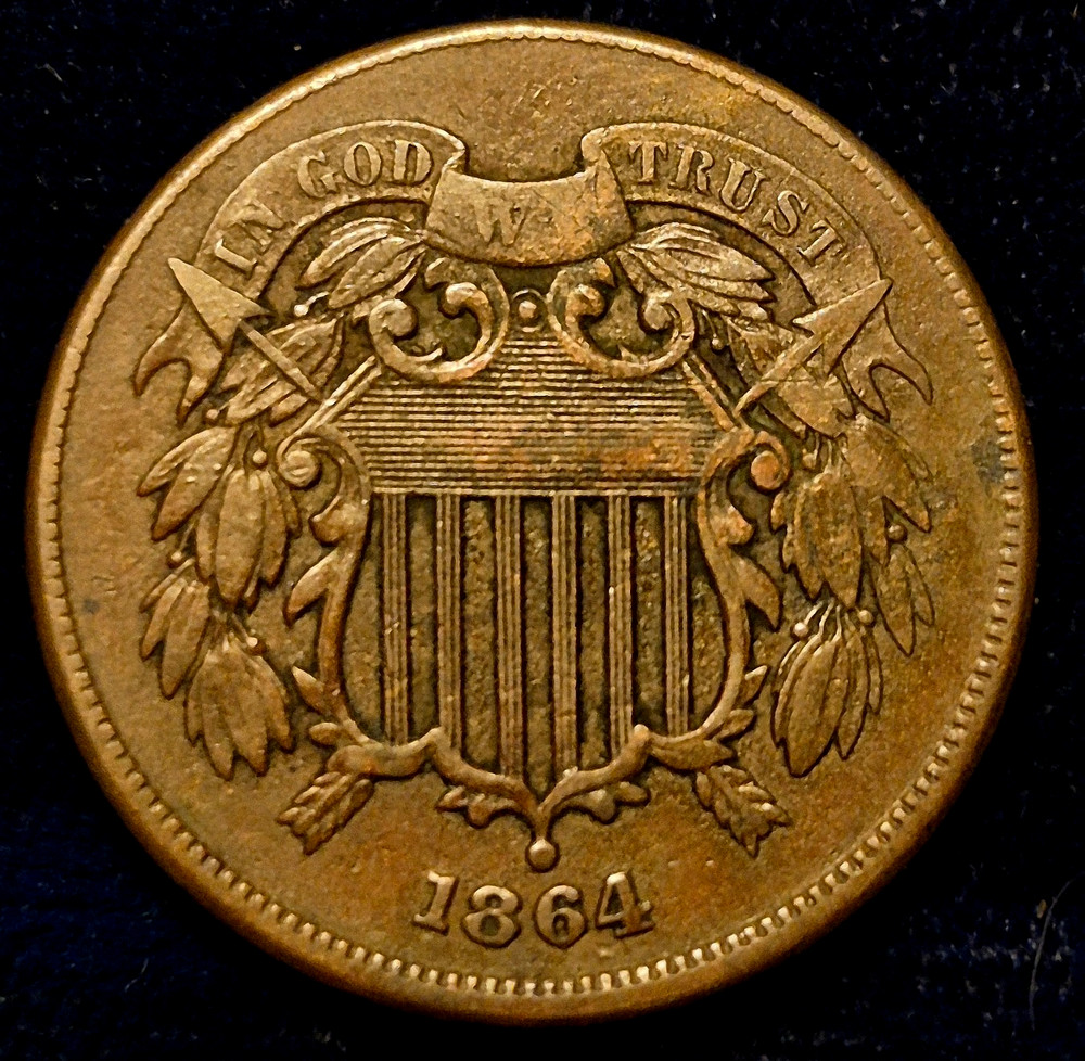 1864 2 Cent Piece Bold XF+ Features, Partial "We" Large Motto, Broadstrike Error