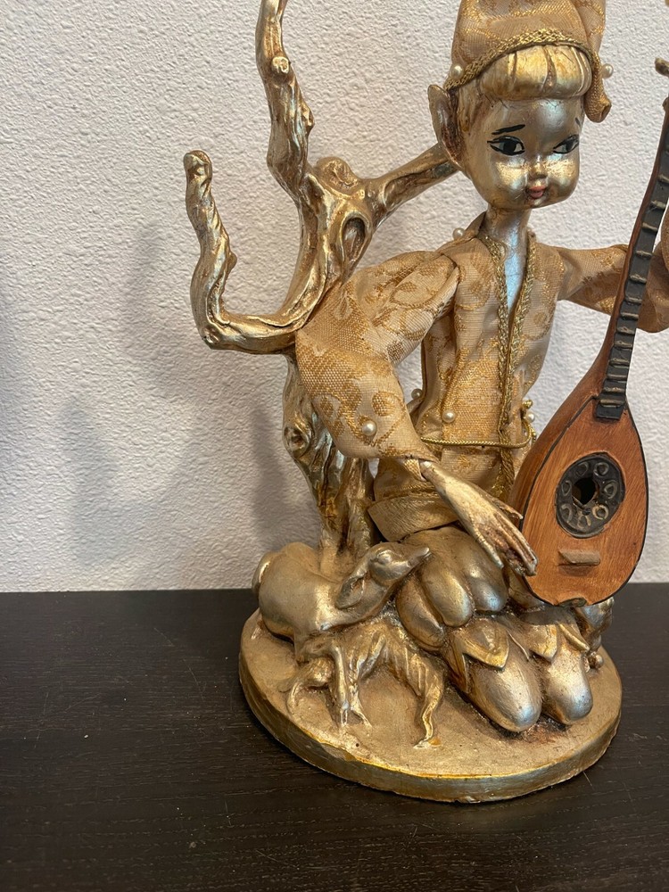 Mid Century Pixie Elf Playing Instrument With Deer Tree Lute Figure Rare ARP