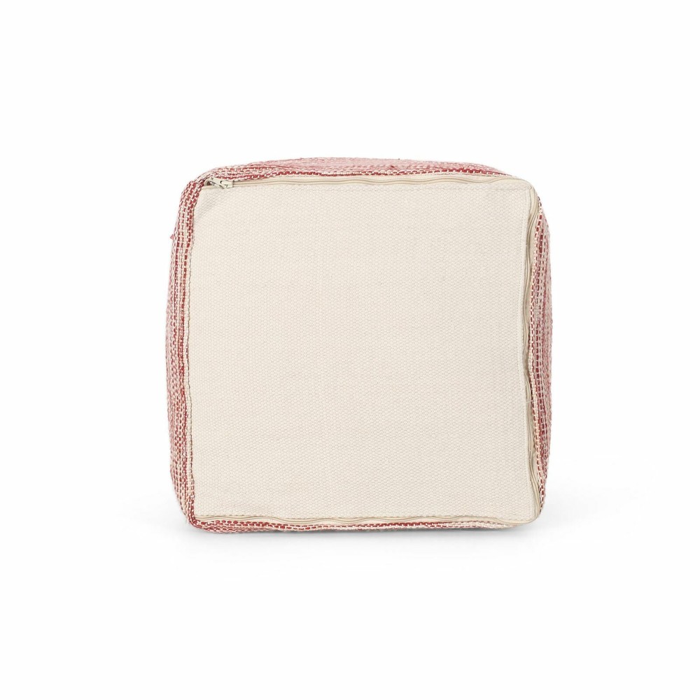 Boho Handmade Fabric Cube Pouf, Red and White
