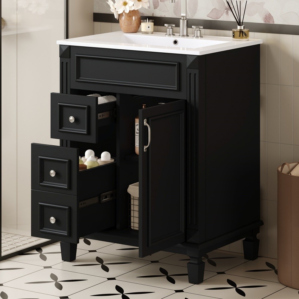 Bathroom vanity W ceramic sink Features two drawers Includes adjustable shelves