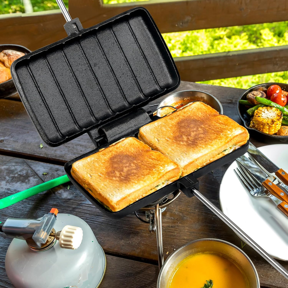 Double Pie Irons for Camping Cast Iron, Portable Mountain Campfire Pie Maker, Ca