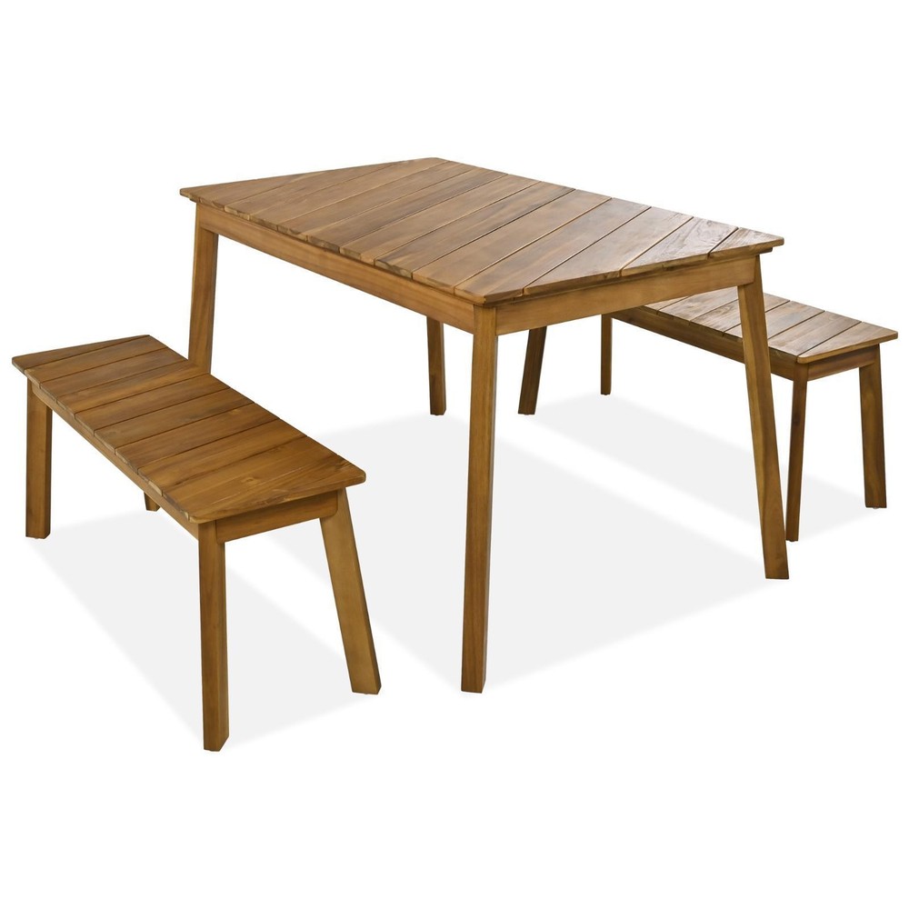 GO Acacia Wood Dining Set: 3-Piece Table & Bench with Adjustable Stability