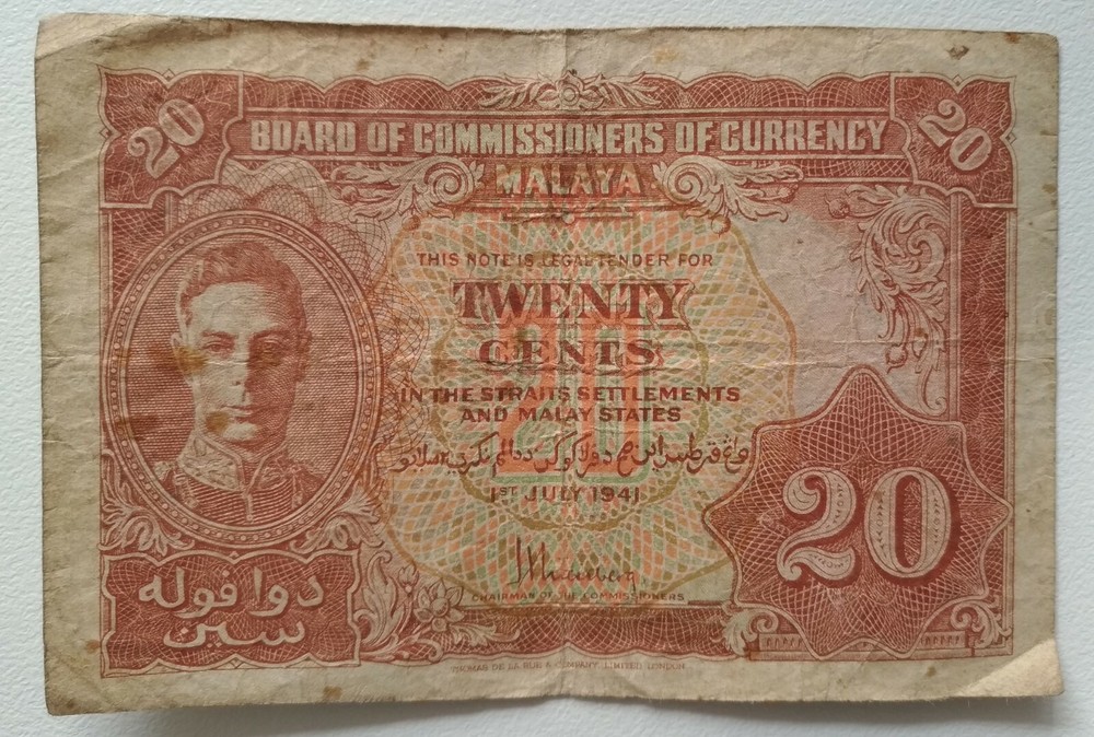 1941 Malaya 20 cent Banknote great item!