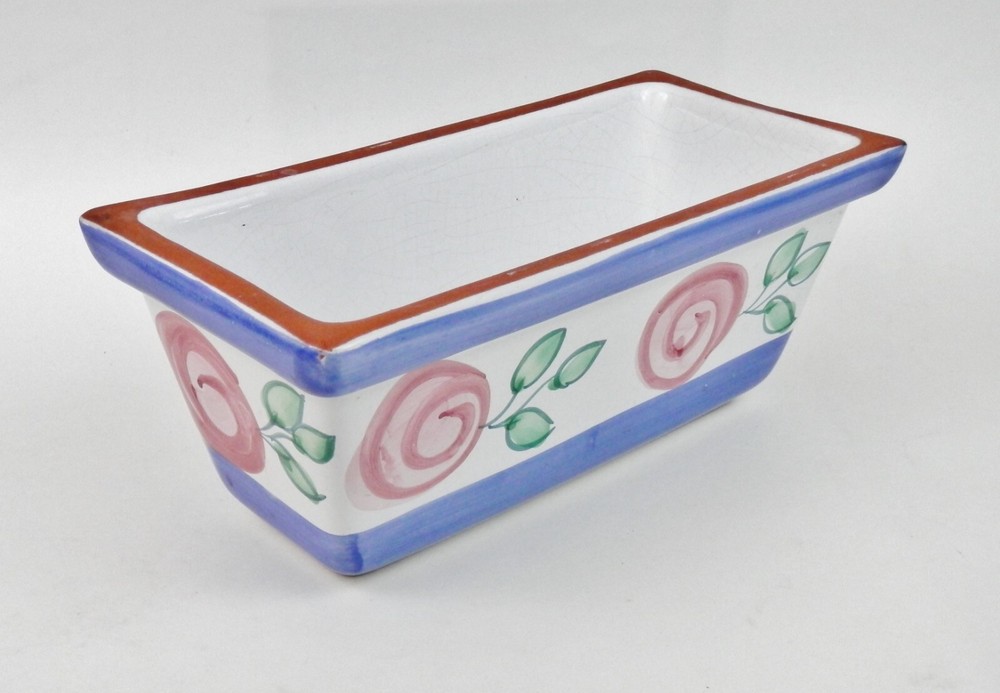 Vintage Clay Pottery Floral Rectangular Planter Blue Pink Green