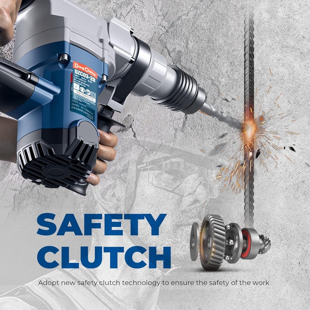 Powerful 9.2 Amp Rotary Hammer Drill with Adjustable Handle, 3 Drill Bits