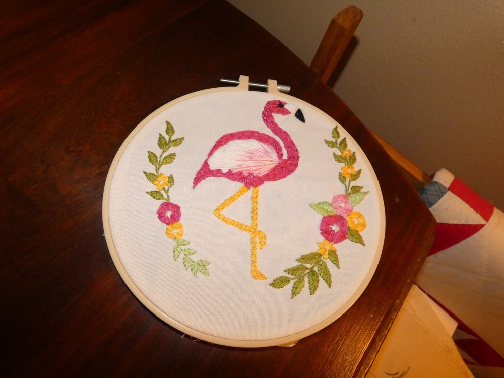 Flamingo Hand Embroidered Panel Vintage