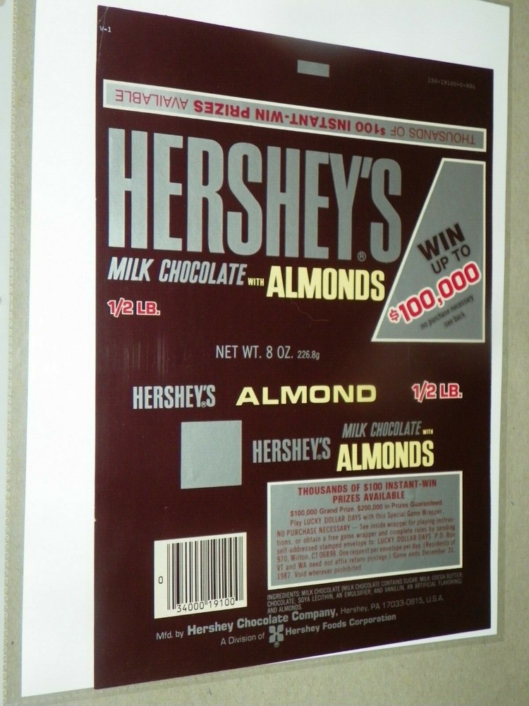 Vintage  Hershey wrapper-ALMONDS  8 OZ. 1987- SCARCE UNUSED. NOT FOLDED --RARE