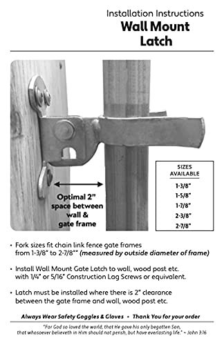 Wall Mount (Flat Back) Fork Gate Latch - Use for 1-5/8inches Gate Frames, Eas...
