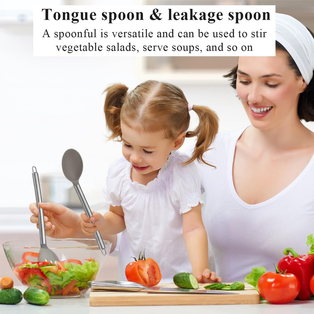 Silicone Cooking Spoon Set, ReaNea Solid Spoon, Slotted Spoon, Heat Resistant...