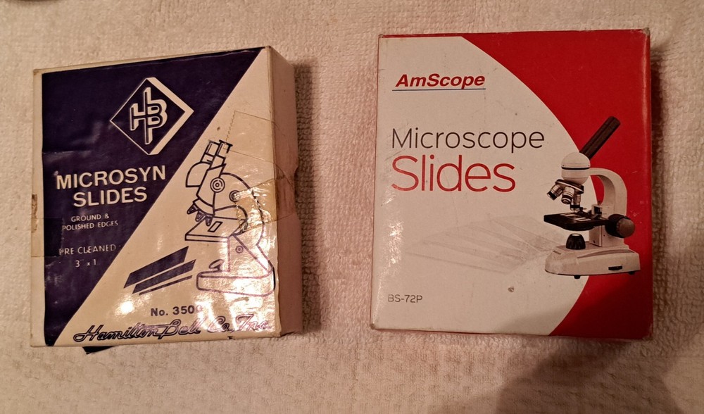 AmScope Pre-Cleaned Blank Microscope Slides  plus a part VINTAGE Box Slides