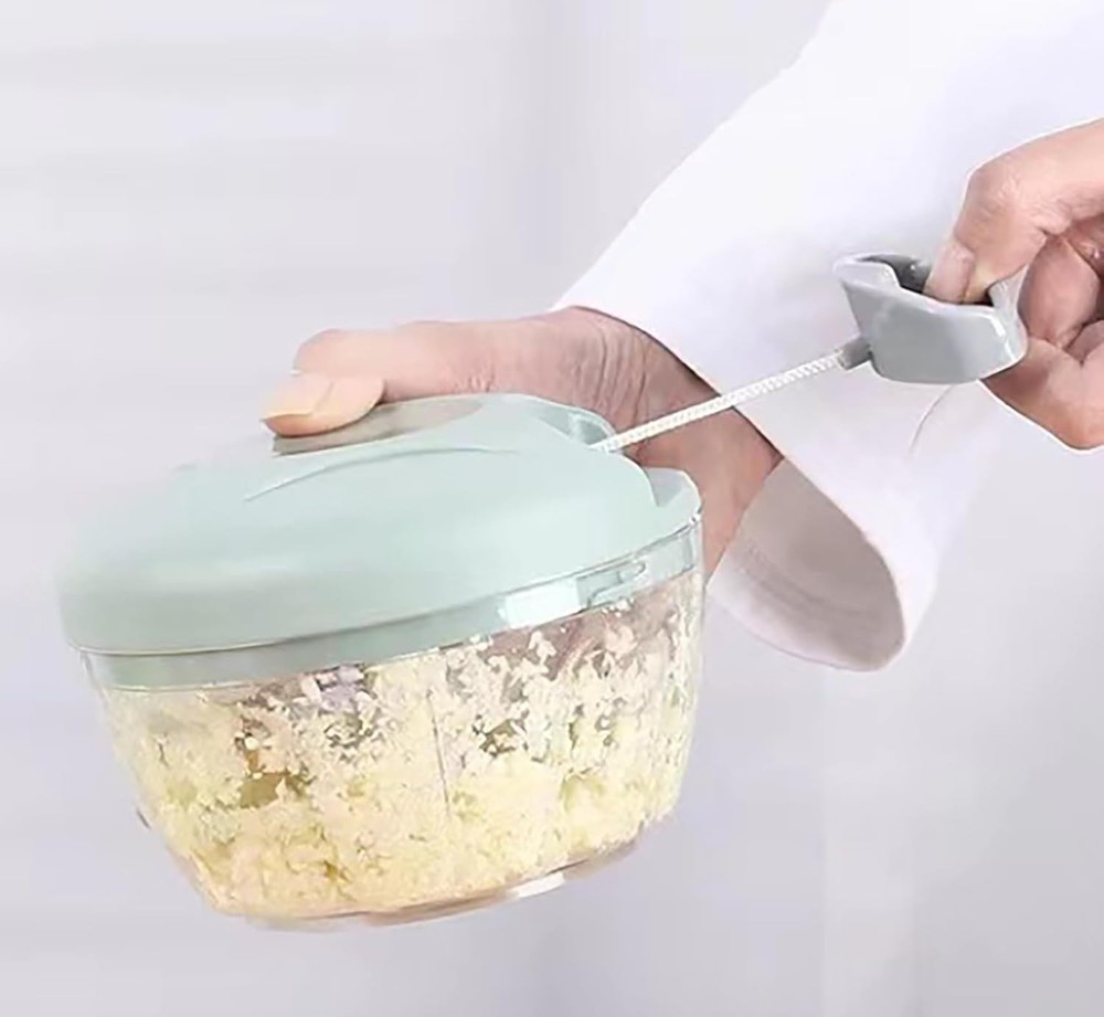 Manual Garlic Chopper 500ml Hand Pull String Vegetable & Spice Cutter Blue