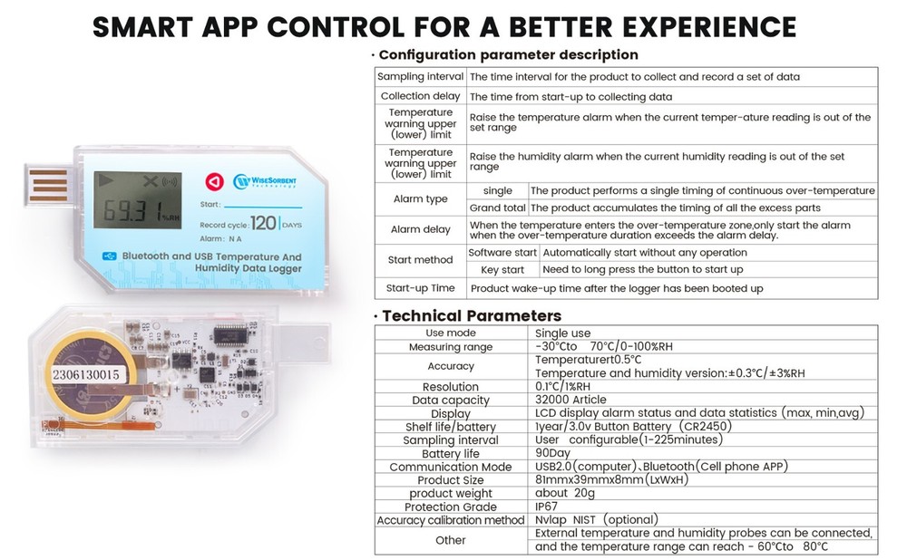 1P USB Data Logger, Temperature and Humidity w/LCD, Bluetooth & App， Single-USE