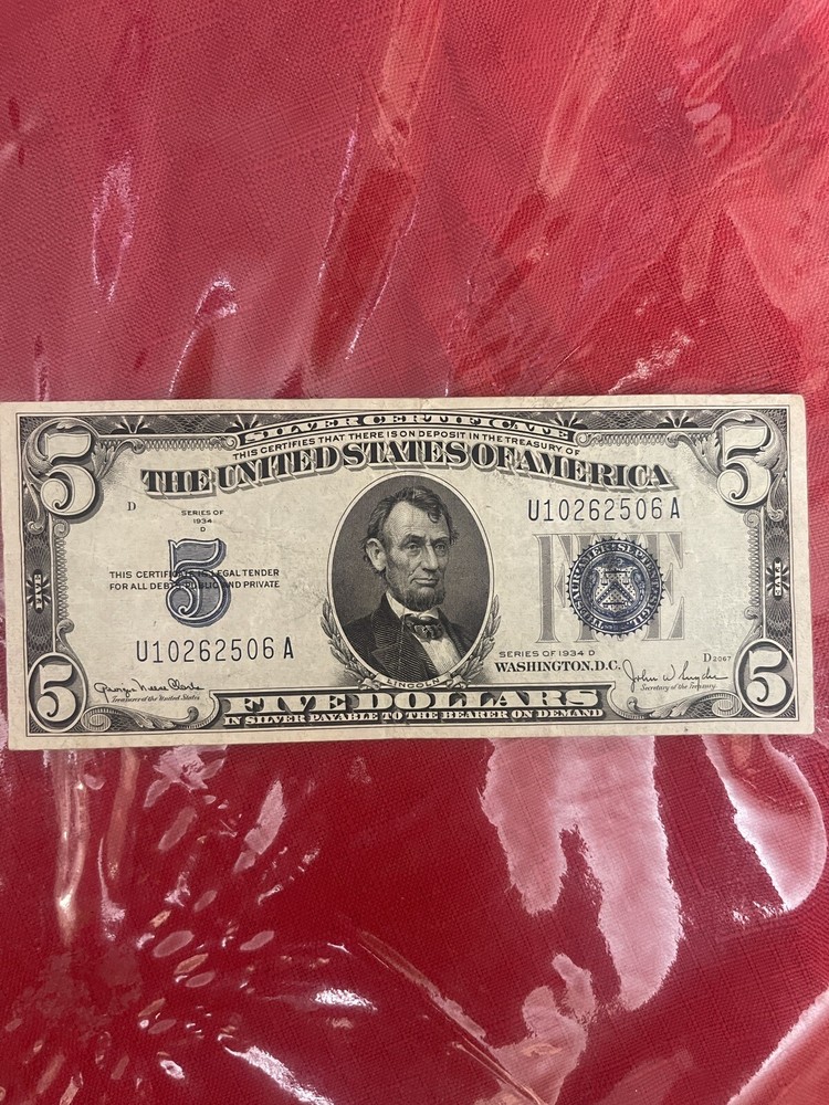 1934 D $5 Dollar Silver Certificate Blue Seal Note