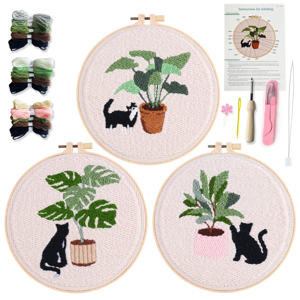 Punch Needle Kit for Adults, Beginners, Cat and Greenery Patterns, Includes P...