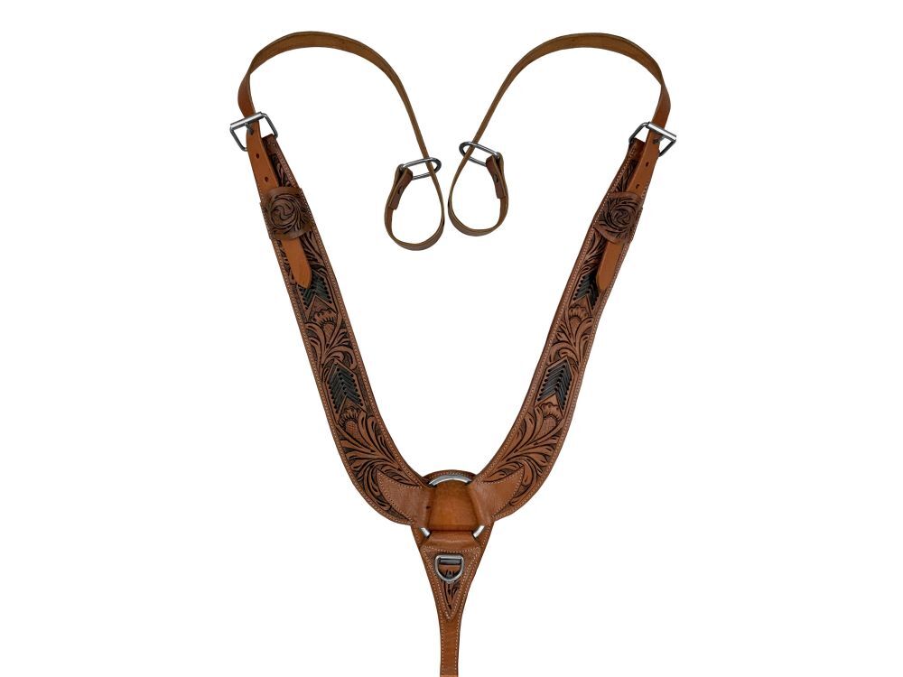 Showman Floral Tooled Leather Pulling Collar w/ Black Rawhide Lacing