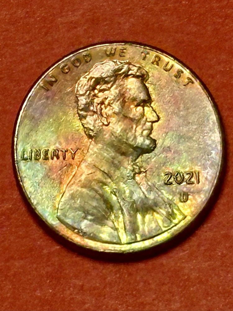 2021-D LINCOLN SHIELD 🛡️ CENT NICE RAINBOW COLORS AV-CIRCUL.#B4
