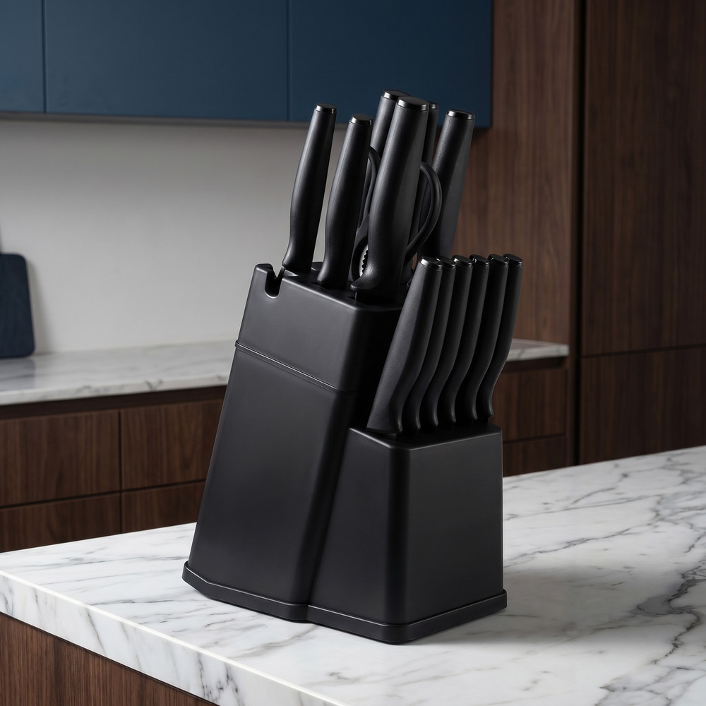 16 Pieces Professional Black Coding Kitchen Knife Block Set with Non-slip Handle