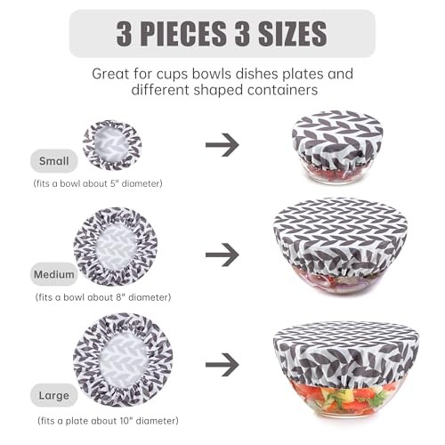 Elastic Reusable Bowl Covers for Bread Proofing, Fabric Cloth 3 Pack Grey Leaf