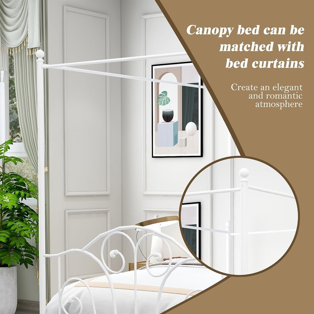 Modern Metal Canopy Bed Frame/Full Size/Headboard/Strong Steel Slat Support