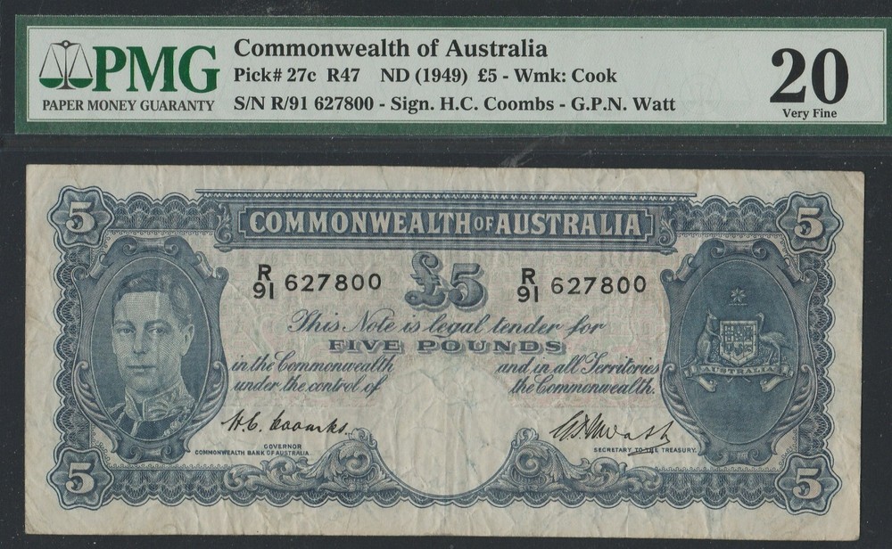 1949 AUSTRALIA 5 POUND NOTE PMG VF20