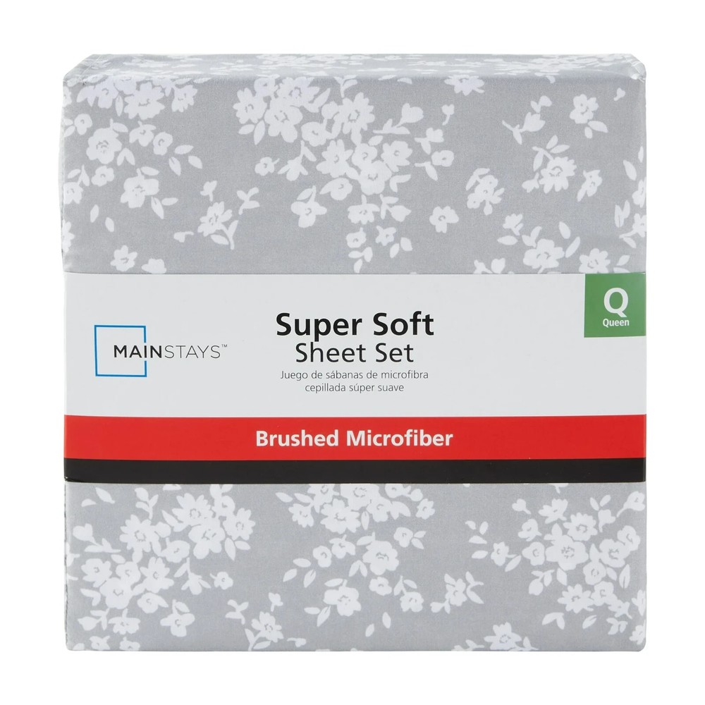 Mainstays Super Soft Recycled Brushed Microfiber Bed Sheet Set, Queen, Grey Flor