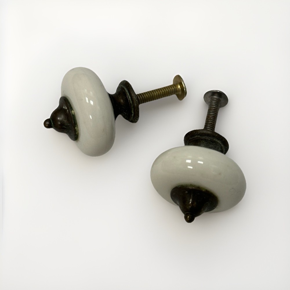 Vintage White Ceramic Drawer Pulls (Set of 2) Antique Brass Hardware Knobs