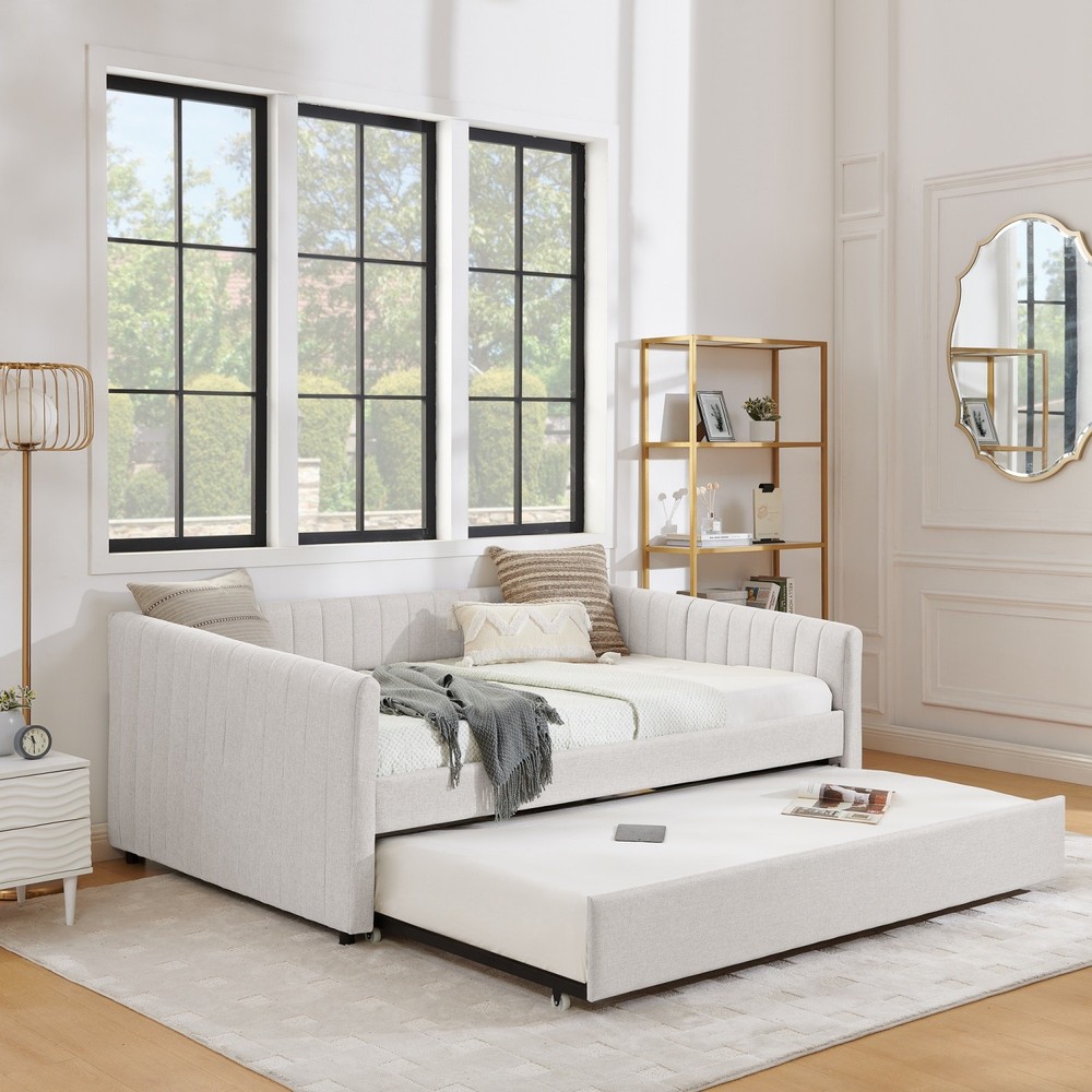 Full Daybed Modern Linen Upholstered Bed Frame Sofa Bed with Pull-Out Trundle