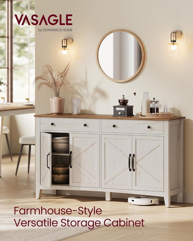 LIRY Rustic White & Honey Brown Buffet Cabinet - 2 Drawers & Adjustable Shelves