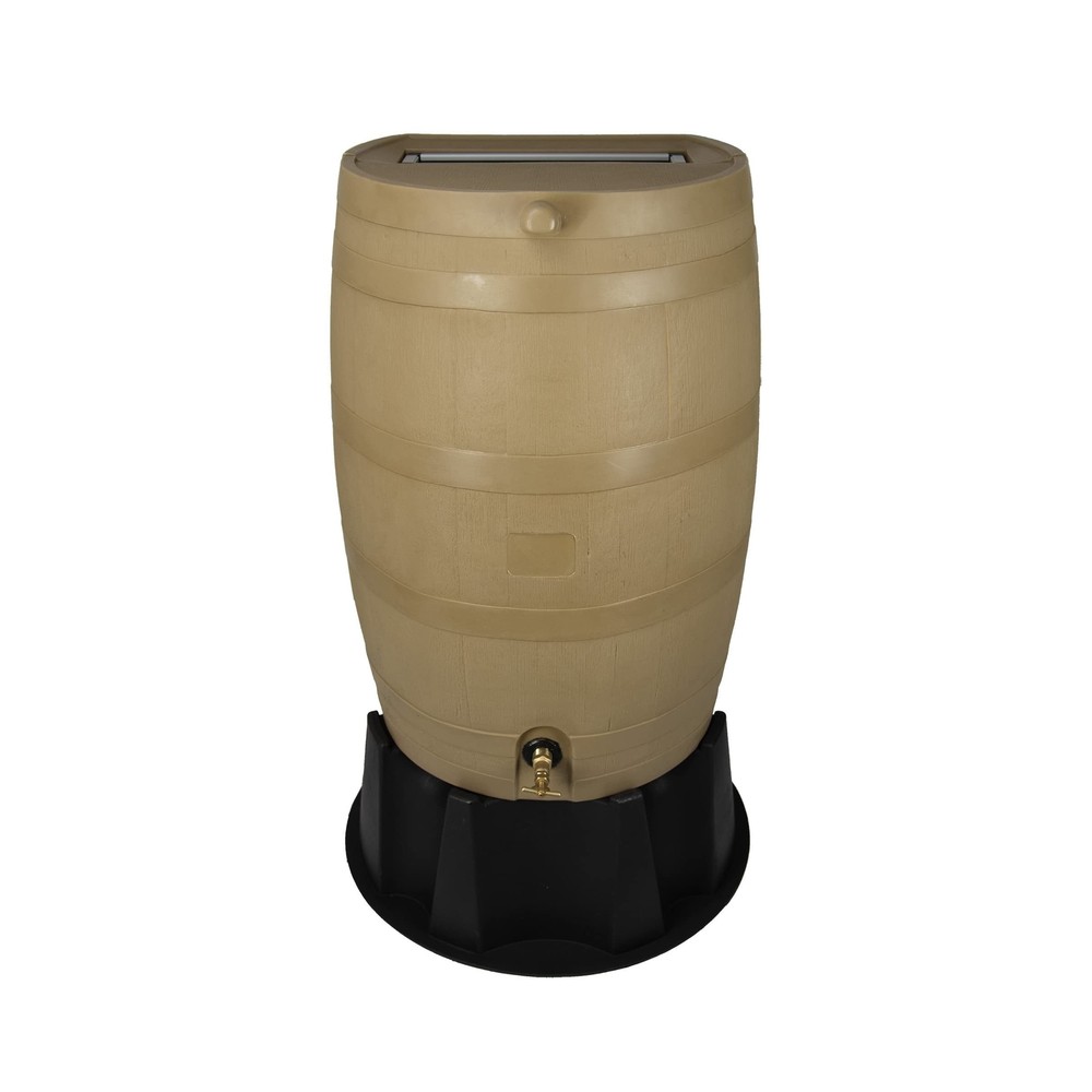 Polyethylene 50 Gallon Flat Back Rain Barrel with Stand, Oak