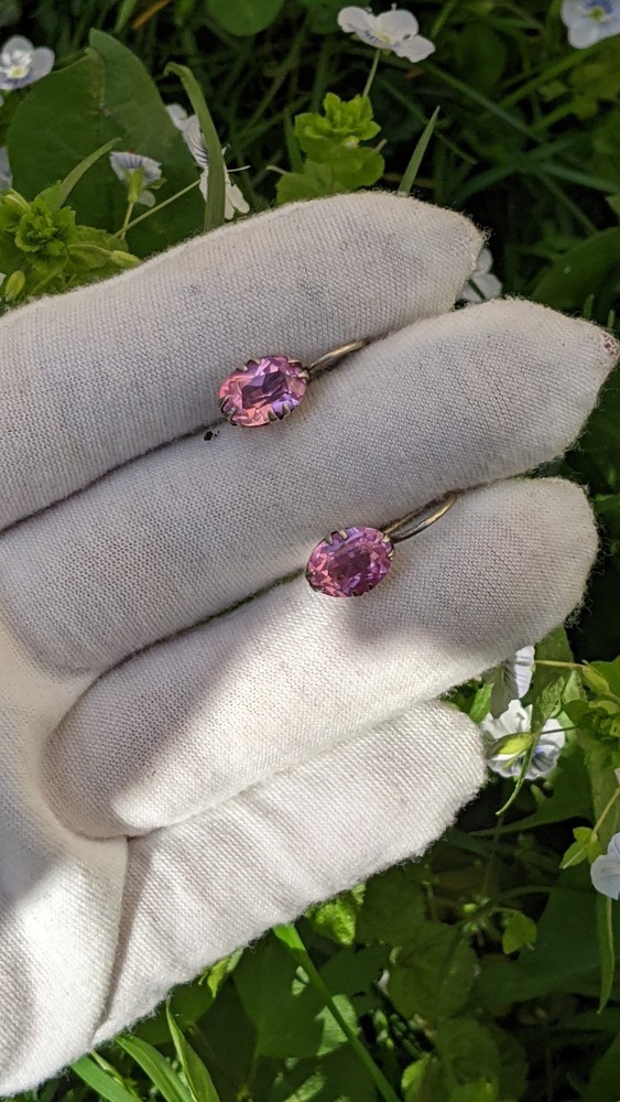 Vintage Soviet 875 Silver Earrings with Pink Ruby Tone Stones