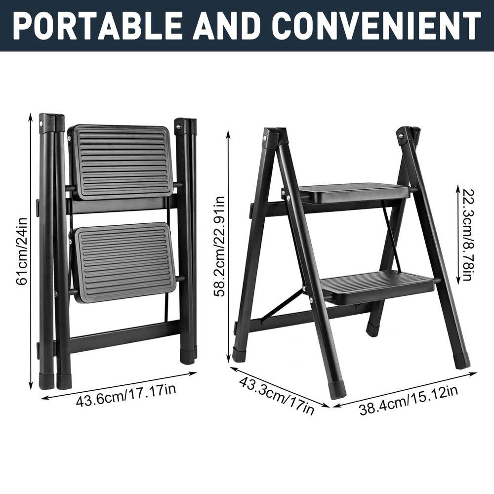 2-Step Ladder, Folding Step Stool for Kitchen/Closet/Garage, 2-Step, Black