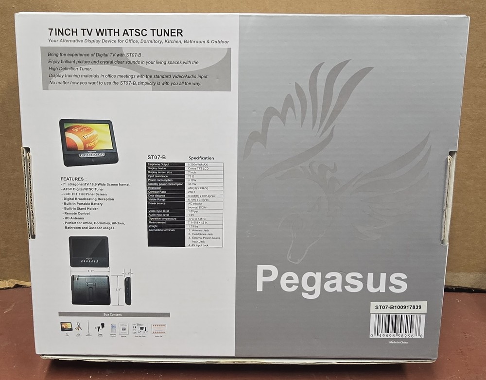 Pegasus LCD TFT 7" Flat Panel Screen 16:9 Wide Portable - New Open Box