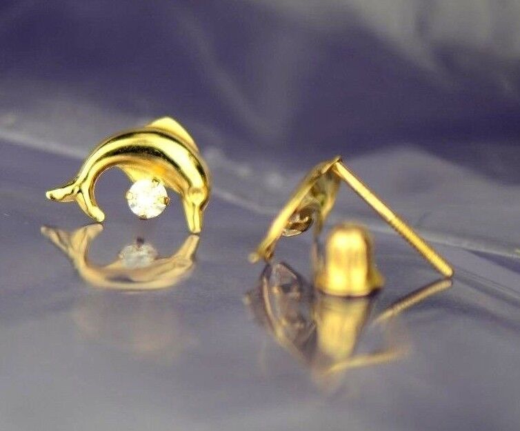 14k yellow gold dolphin earrings stud cz