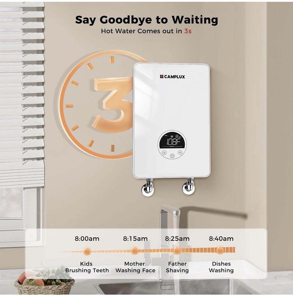 CAMPLUX Tankless Water Heater Electric 4.5kW 110~120V Small Instant Point-of-use