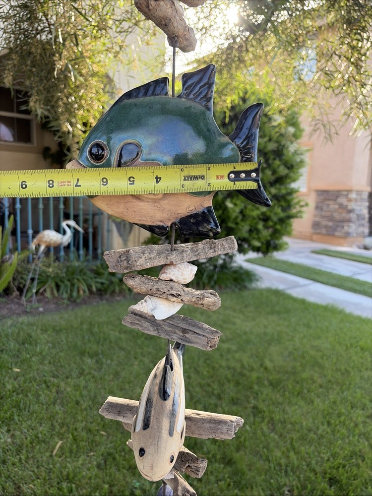 Hazel Olsen Attributed Driftwood Fish Pottery Shells Wind Chime Wall Hanging