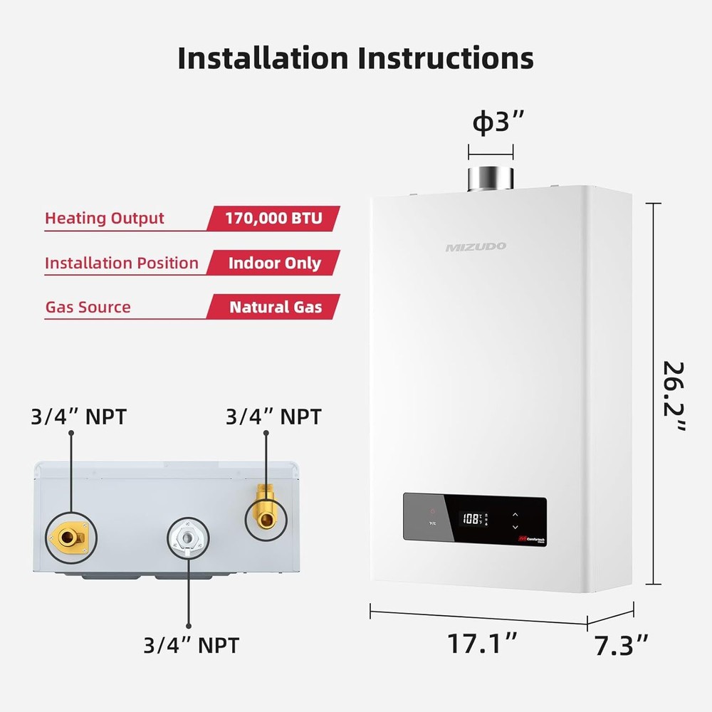 MIZUDO 7.5 GPM Natural Gas Tankless Water Heater Instant Hot Water 170,000 BTU