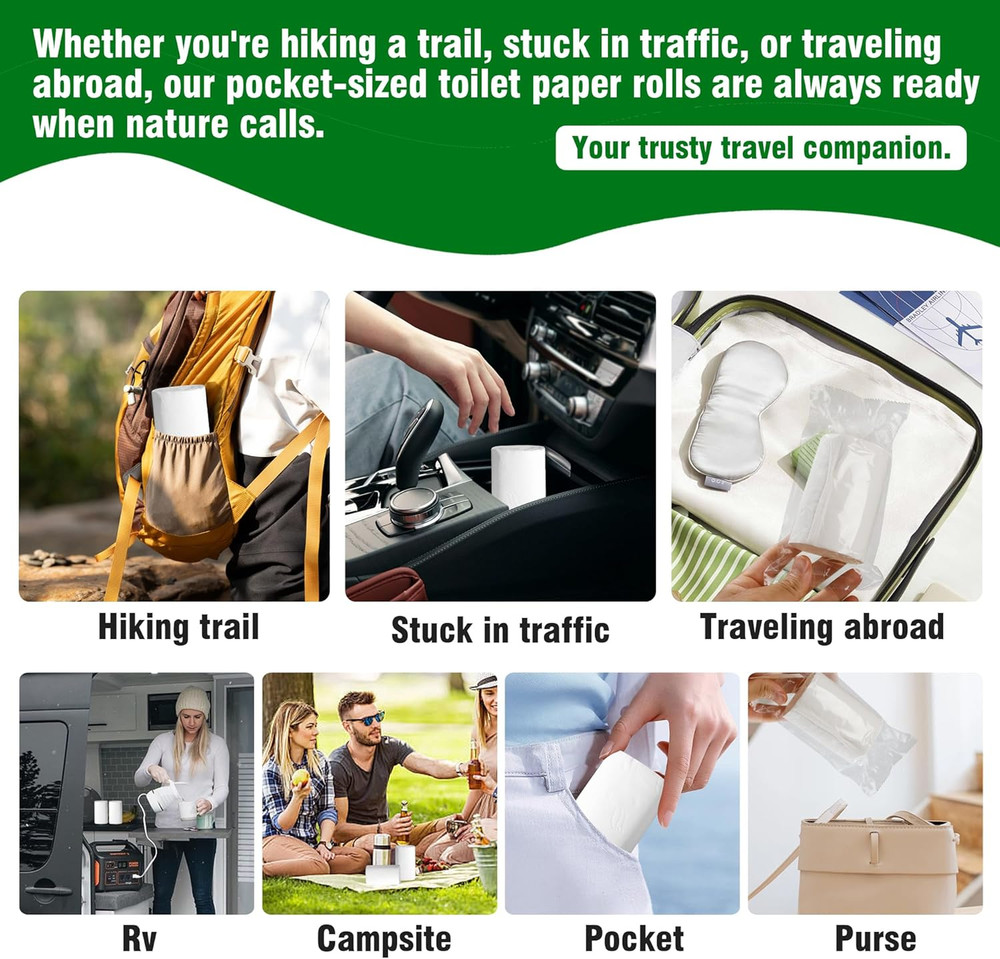 Travel Toilet Paper 6 Rolls – Coreless & Individually Wrapped, Compact Packable