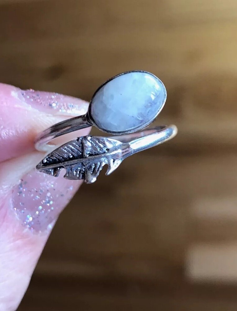 White Iridescent Moonstone Leaf Motif Ring Size 8 Artisan Southwest
