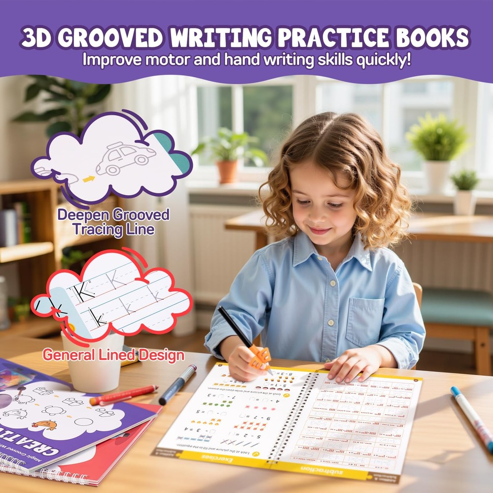 Magic Grooved Writing Practice Books, Reusable 3D Grooved Handwriting Practice f