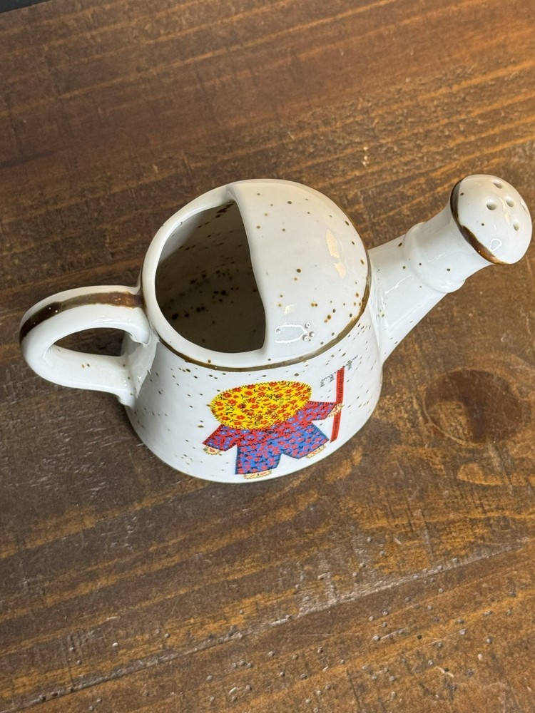 Tiny Vintage Ceramic Watering Can with Whimsical Character Farmer Design