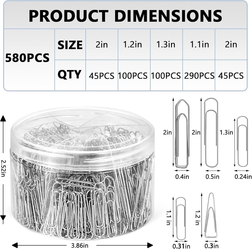 Paper Clips Assorted Sizes 580 PCS, Paperclips, Small Medium and Large (1.1", 1.