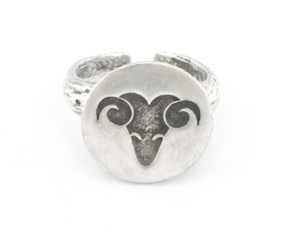 Ram Aries Horoscope Bark Textured Adjustable Ring Silver plated brass 4864